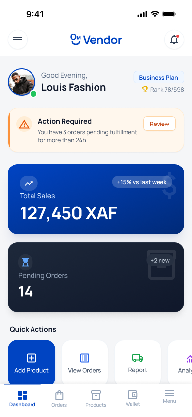 One Market Vendor dashboard with sales, pending orders, and quick actions